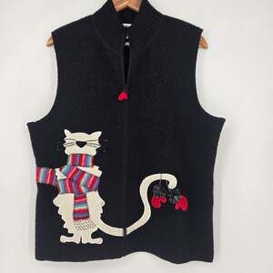 Coldwater Creek Wool Cat Sweater Vest Large Black Zip Front Applique Kitty
